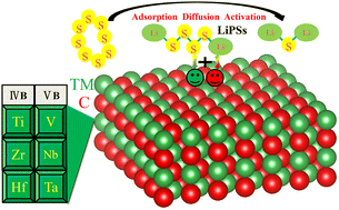 Graphical abstract: Theoretical investigation of synergistically boosting the anchoring and electrochemical performance of lithiophilic/sulfiphilic transition metal carbides for lithium–sulfur batteries