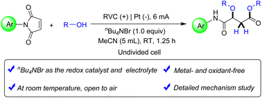 Graphical abstract: Electrocatalytic ring-opening dihydroalkoxylation of N-aryl maleimides with alcohols under metal- and oxidant-free conditions