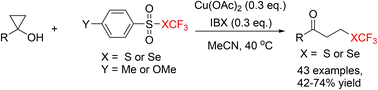 Graphical abstract: Copper-catalyzed ring-opening trifluoromethylthiolation/trifluoromethylselenolation of cyclopropanols with TsSCF3 or Se-(trifluoromethyl) 4-methoxybenzenesulfonoselenoate