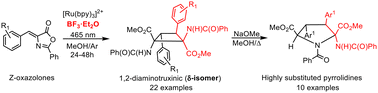 Graphical abstract: Synthesis of 1,2-diaminotruxinic δ-cyclobutanes by BF3-controlled [2 + 2]-photocycloaddition of 5(4H)-oxazolones and stereoselective expansion of δ-cyclobutanes to give highly substituted pyrrolidine-2,5-dicarboxylates