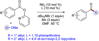 Graphical abstract: Nickel-catalyzed reductive coupling of arylcarboxylic acid 2-pyridyl esters with alkyl methanesulfonates: access to alkyl aryl ketones