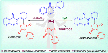 Graphical abstract: Ruthenium(ii)-catalyzed oxidative dehydrogenation and hydroarylation of maleimides with phthalazinones – insights into additive-controlled product selectivity