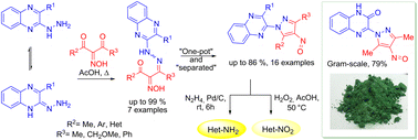 Graphical abstract: Regioselective synthesis of novel nitroso-pyrazolylquinoxalines via HOAc-mediated cyclocondensation of 2-hydroxyimino-1,3-diketones with hydrazinylquinoxalines