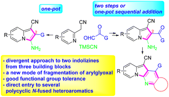 Graphical abstract: Divergent synthesis of two types of indolizines from pyridine-2-acetonitrile, (hetero)arylglyoxal, and TMSCN