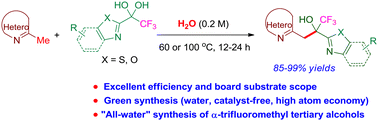 Graphical abstract: Catalyst-free C(sp3)–H functionalization of methyl azaarenes with heteroaromatic trifluoromethyl ketone hydrates: “all-water” synthesis of α-trifluoromethyl tertiary alcohols