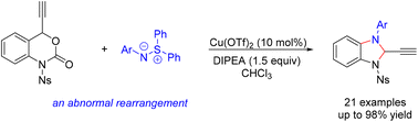 Graphical abstract: Copper-catalyzed reaction of benzoxazinanones with sulfilimines: access to 2-ethynyl-benzoimidazoles via an abnormal skeletal rearrangement