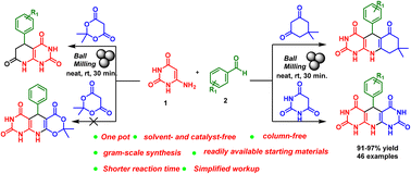 Graphical abstract: A green synthesis of pyrimido[4,5-b]quinolines and pyrido[2,3-d]pyrimidines via a mechanochemical approach