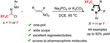 Graphical abstract: Regioselective [3 + 2] cycloaddition of di/trifluoromethylated hydrazonoyl chlorides with fluorinated nitroalkenes: a facile access to 3-di/trifluoroalkyl-5-fluoropyrazoles