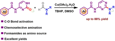 Graphical abstract: Copper-catalysed chemoselective C–OH bond activation of N-benzoyl cytosine: facile access to 2-(dimethylamino)pyrimidine