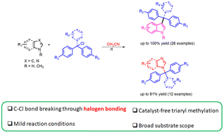 Graphical abstract: Halogen bonding assisted site-selective C-3 triaryl methylation of indoles and N-triaryl methylation of imidazoles