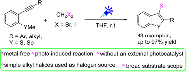 Graphical abstract: Visible-light-induced halocyclization of 2-alkynylthioanisoles with simple alkyl halides towards 3-halobenzo[b]thiophenes without an external photocatalyst
