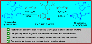Graphical abstract: Design and development of intramolecular doubly vinylogous Michael addition to access 3-aryl substituted 2-alkenyl-benzofurans and -indoles
