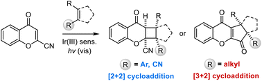 Graphical abstract: Visible light-induced iridium(iii)-sensitized [2 + 2] and [3 + 2] photocycloadditions of 2-cyanochromone with alkenes
