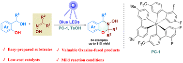 Graphical abstract: Visible-light-catalyzed synthesis of 1,3-benzoxazines via formal [4 + 2] cycloaddition of oximes with o-hydroxybenzyl alcohols