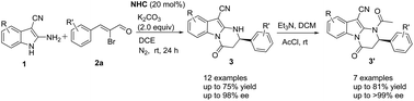 Graphical abstract: N-Heterocyclic carbene-catalyzed enantioselective annulation of 2-amino-1H-indoles and bromoenals for the synthesis of chiral 2-aryl-2,3-dihydropyrimido[1,2-a]indol-4 (1H)-ones