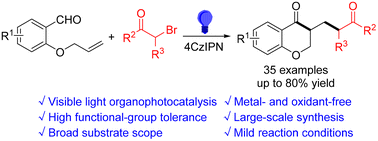 Graphical abstract: Visible light-induced radical cascade acylmethylation/cyclization of 2-(allyloxy)arylaldehydes with α-bromo ketones: access to cyclic 1,5-dicarbonyl-containing chroman-4-one skeletons