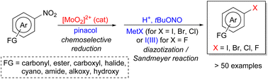 Graphical abstract: Direct synthesis of haloaromatics from nitroarenes via a sequential one-pot Mo-catalyzed reduction/Sandmeyer reaction