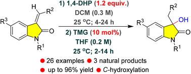 Graphical abstract: Direct organocatalytic transfer hydrogenation and C–H oxidation: high-yielding synthesis of 3-hydroxy-3-alkyloxindoles