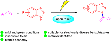 Graphical abstract: Electrochemical C(sp2)–H/N–H “formal” cross-dehydrogenative coupling of olefins with benzotriazoles for synthesis of N-vinyl benzotriazoles