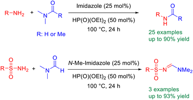 Graphical abstract: Phosphite–imidazole catalyzed N-formylation and N-acylation of amines