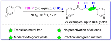 Graphical abstract: Metal-free synthesis of 1,3-dichloro-1,5-diarylpentan-5-ones via cascade oxidative radical addition of styrenes with CHCl3