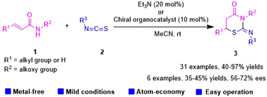 Graphical abstract: Lewis base-catalyzed cascade [4 + 2]-annulation reaction of N-alkoxy acrylamides and acyl isothiocyanates: facile access to 2-imino-1,3-thiazinone derivatives