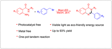 Graphical abstract: Visible light-mediated synthesis of quinazolinones from benzyl bromides and 2-aminobenzamides without using any photocatalyst or additive