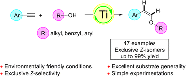 Graphical abstract: Titanium-catalyzed highly stereoselective anti-Markovnikov intermolecular hydroalkoxylation of alkynes to prepare Z-enol ethers