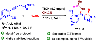 Graphical abstract: Nitrile stabilized synthesis of pyrrolidine and piperidine derivatives via tandem alkynyl aza-Prins–Ritter reactions