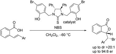 Graphical abstract: 5-exo-Selective asymmetric bromolactonization of stilbenecarboxylic acids catalyzed by phenol-bearing chiral thiourea