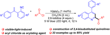Graphical abstract: Photoredox radical cyclization reaction of o-vinylaryl isocyanides with acyl chlorides to access 2,4-disubstituted quinolines