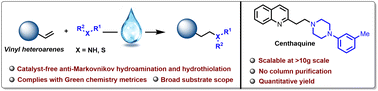 Graphical abstract: Catalyst-free anti-Markovnikov hydroamination and hydrothiolation of vinyl heteroarenes in aqueous medium: an improved process towards centhaquine