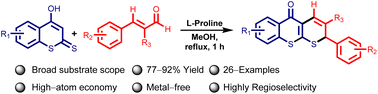 Graphical abstract: l-Proline-catalysed synthesis of 2-aryl-2H,5H-thiopyrano[2,3-b] thiochromen-5-ones from 4-hydroxydithiocoumarins and cinnamaldehyde derivatives