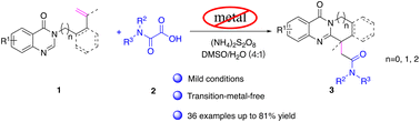 Graphical abstract: (NH4)2S2O8 promoted tandem radical cyclization of quinazolin-4(3H)-ones with oxamic acids for the construction of fused quinazolinones under metal-free conditions