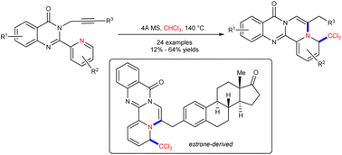 Graphical abstract: Synthesis of 4-(trichloromethyl)pyrido[2′,1′:3,4]pyrazino[2,1-b]quinazolinones through a cyclized dearomatization and trichloromethylation cascade strategy