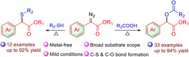 Graphical abstract: Straightforward access to α-carbonyloxy esters and β-keto thioethers from aryldiazoacetates