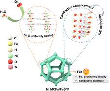 Graphical abstract: Fe, S-uniformly dispersed Ni MOFs based on FeS substrate precipitation-dissolution equilibrium for water and seawater oxidation