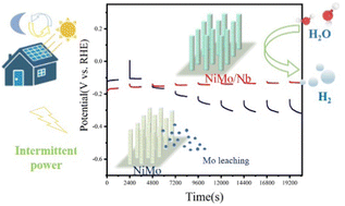 Graphical abstract: NbOx overlayers protecting a NiMo alloy electrode realizing high-efficiency and durable intermittent water electrolysis
