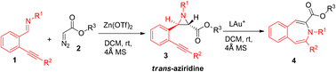 Graphical abstract: Relay Zn(ii)- and Au(i)-catalyzed aziridination/cyclization/ring expansion sequence to form 3-benzazepine derivatives