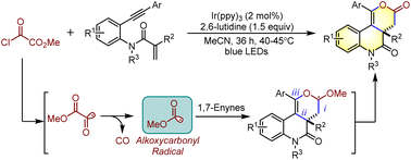 Graphical abstract: Visible-light-induced alkoxycarbonylation/cyclization of 1,7-enynes: synthesis of dihydropyranones containing all-carbon quaternary centers