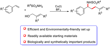 Graphical abstract: Efficient and environmentally-friendly access to 4,5-unsaturated sulfonamides through ligand-free copper-BF3-catalyzed three-component alkene carbo-sulfonamidation