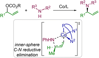 Graphical abstract: A computational study on cobalt-catalyzed allylic substitution of racemic allylic carbonates with amines: inner-sphere C–N reductive elimination and origins of regio- and enantioselectivities