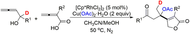 Graphical abstract: [Cp*RhCl2]2 catalyzed three-component coupling cyclization of 2,3-allenoic acids with 2,3-allenols in the presence of Cu(OAc)2·H2O