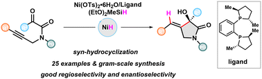 Graphical abstract: Enantioselective Ni-catalyzed syn-hydrometalative cyclization of alkyne-tethered ketoamides to α-hydroxy-γ-lactams