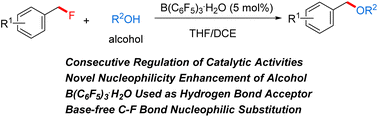 Graphical abstract: Consecutive regulation of catalytic activities of B(C6F5)3·H2O: direct nucleophilic substitution of benzyl fluorides with alcohol via dual activation