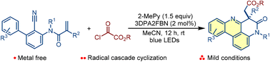 Graphical abstract: Synthesis of ester-containing phenanthridines via photoredox-catalyzed radical cascade cyclization of N-arylacrylamides with alkyloxalyl chlorides