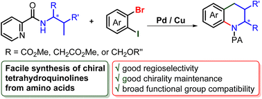 Graphical abstract: Facile synthesis of chiral 2-functionalized tetrahydroquinolines via Pd/Cu-catalyzed cascade γ-C(sp3)–H arylation/C–N coupling of amides derived from amino acids and their derivatives