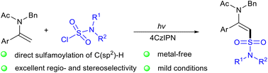 Graphical abstract: Photocatalytic C(sp2)–H sulfamoylation of enamides: regio- and stereoselective construction of (E)-β-sulfamoyl enamides