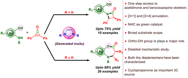 Graphical abstract: N-Heterocyclic carbene catalyzed base assisted C–C bond cleavage of cyclopropenones: an approach towards diastereoselective synthesis of azetidinones and benzoxazepines