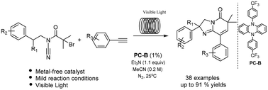 Graphical abstract: Synthesis of imidazo[1,2-a]pyridinones via a visible light-photocatalyzed functionalization of alkynes/nitrile insertion/cyclization tandem sequence using micro-flow technology